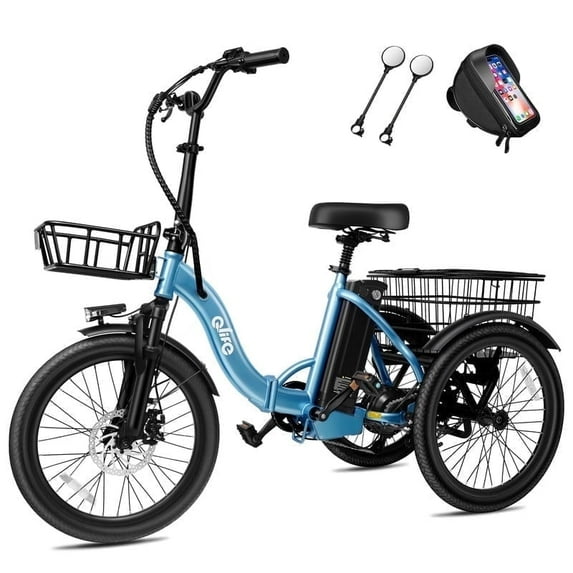 Electric Tricycle for Adults, Peak 750W Brushless Motor Folding Trike Ebike, Step-Thru 3 Wheel Electric Bicycle, Up to 50 Miles Blue with Mirrow & Phone Bag