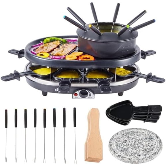 Electric Fondue Pot Set,Cheese Fondue Pot and Chocolate Fondue Kit,Portable BBQ Grill with Raclette Grill Plate,8 Fondue Forks,8 Small Nonstick Pans for 8 People Parties$$Home Decor, Kitchen, & Other