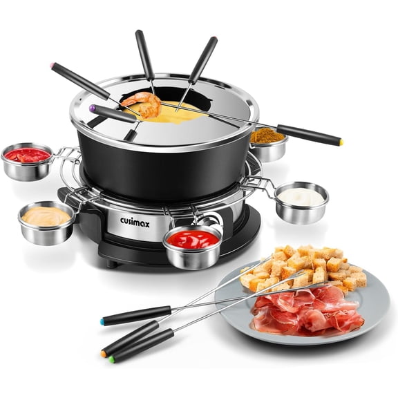 Electric Fondue Set with 1300W Power Temperature Control for Cheese, Chocolate, Oil and Broth, 2L Non-Stick Electric Fondue Pot with 8 pcs Forks, 6 pcs Cups and Removable Anti-Scald Handle