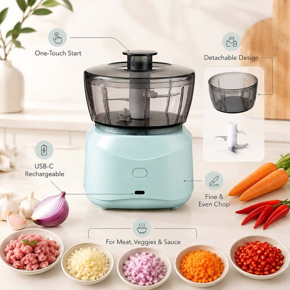 Electric Food Chopper For Kitchen, Meat Grinder With Stainless Steel Blade, Compact Food Processor For Vegetables And Garlic,Blue - 13.5X10Cm