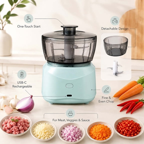 Electric Food Chopper For Kitchen, Meat Grinder With Stainless Steel Blade, Compact Food Processor For Vegetables And Garlic,Blue - 13.5X10Cm