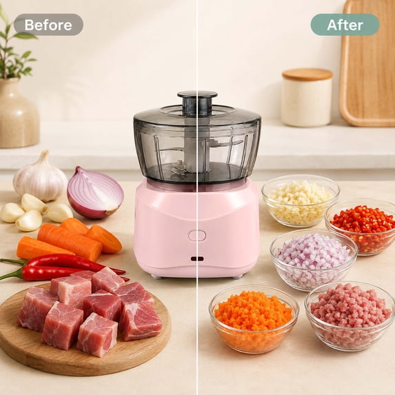 Electric Food Chopper For Kitchen, Meat Grinder With Stainless Steel Blade, Compact Food Processor For Vegetables And Garlic,Pink - 13.5X10Cm