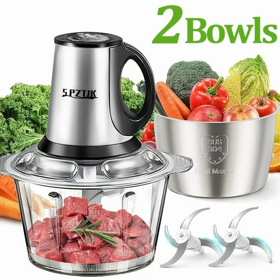 Electric Food Chopper & Meat Grinder with 2 Stainless Steel Bowls and 2 Blades, Multifunctional Food Processor for Meat, Nuts, Garlic & Vegetable Mincing