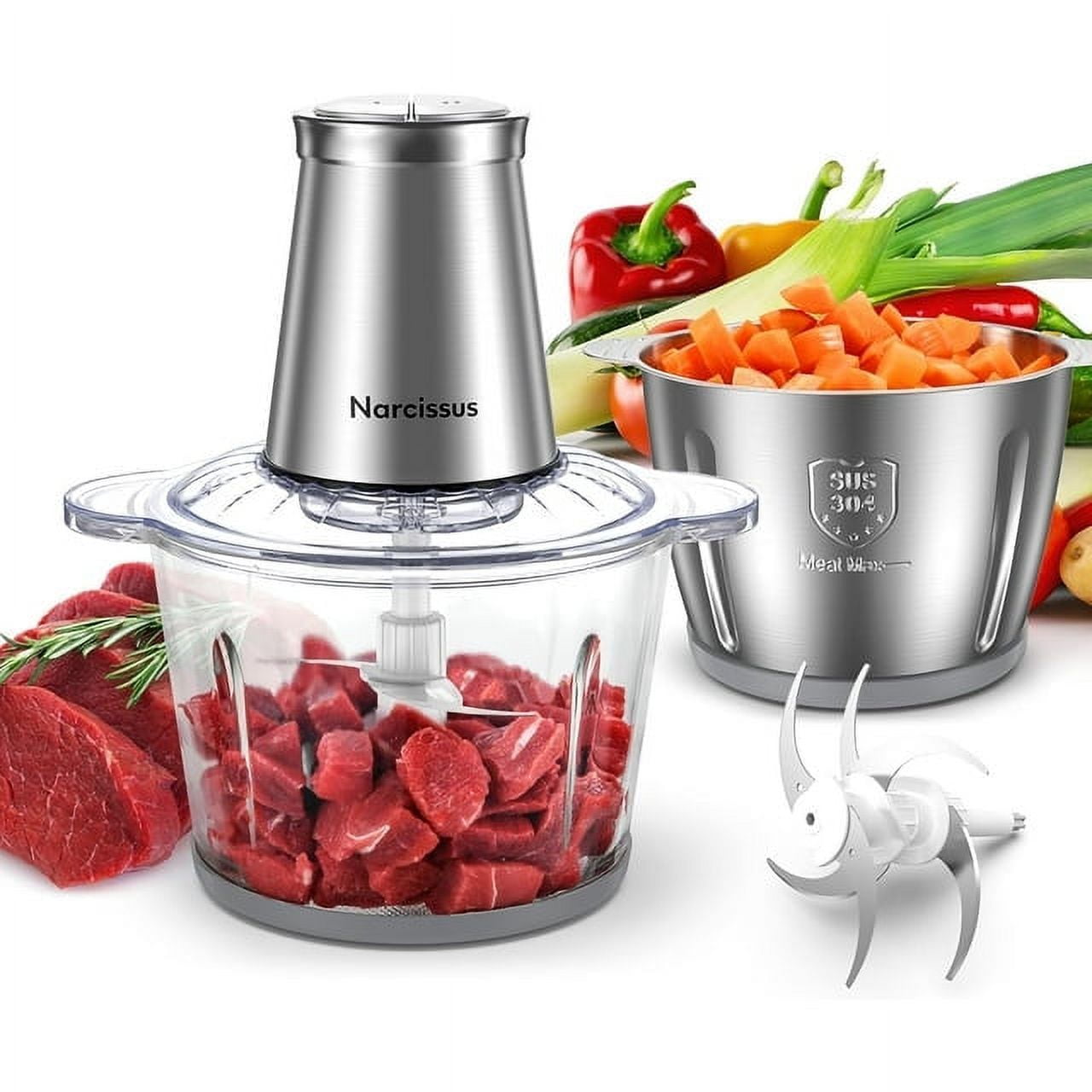 Electric Food Processor with Dual 12Cup Bowls Glass & Stainless
