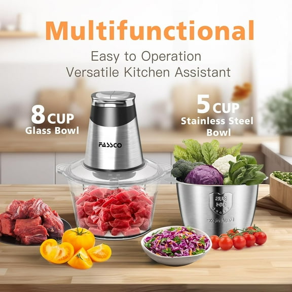 Electric Food Processor with 400W Copper Motor, 2 Bowls (8 Cup+5 Cup), 3 Bi-Level Blades for Meat, Vegetables, Ice Cube