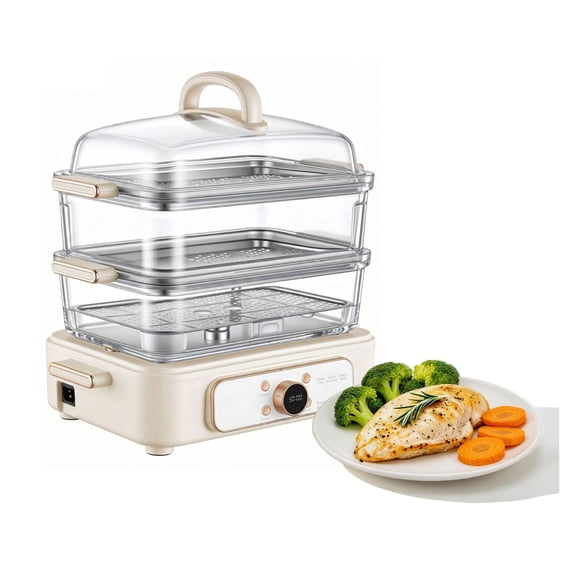 Electric Food Steamer 10.6 QT Glass 3-Tier, 1200W Steamer for Vegetables, Seafood & Rice, 2-4 Servings, Pre-Programmed, Delay Start, White