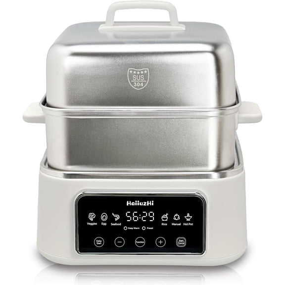 Electric Food Steamer 12.7QT, Double-Tier 8-in-1 Vegetable & Meal Steamer, Stainless Steel, Timer Keep Warm, Boil-Dry Protection, Healthy Cooking Kitchen