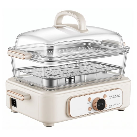 Electric Food Steamer 6.3 QT Glass 2 Tier Stainless Steel Trays 1200W Pre-Programmed Delay Start for Veggies Seafood Rice White