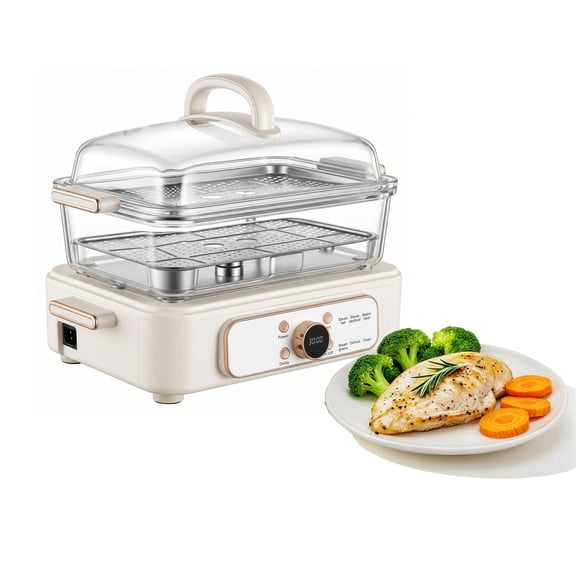 Electric Food Steamer 6.3 QT Glass with 2-Tier Stainless Steel Trays, 1200W Vegetable Steamer for Cooking, 1-3 Servings, Pre-Pro