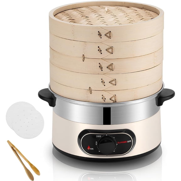 Electric Food Steamer,Multi-Steam Cooking Pan With 2-Tier Bamboo Steamer With 60 Min Timer Auto Shut-Off For Cooking Vegetable, [Energy Class A]