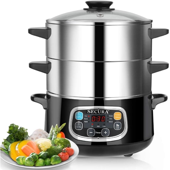 Electric Food Steamer, Vegetable Double Tiered Stackable Baskets with Timer 1200W Fast Heating Stainless Steel Digital Steamer 8.5 Quart