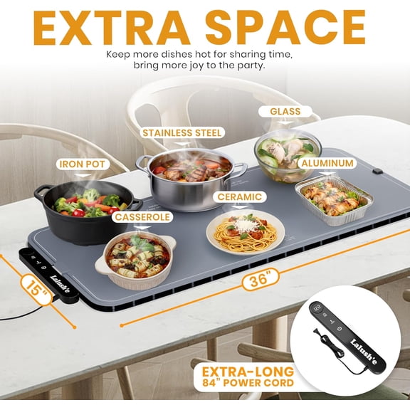 Electric Food Warming Mat, XXL 36x15" - Portable Food Warmer for Parties, Hosting & Buffet Serving Foldable Graphene Heating Tray with 7 Temp Settings, Spoon Rest and Travel Isolation Pad