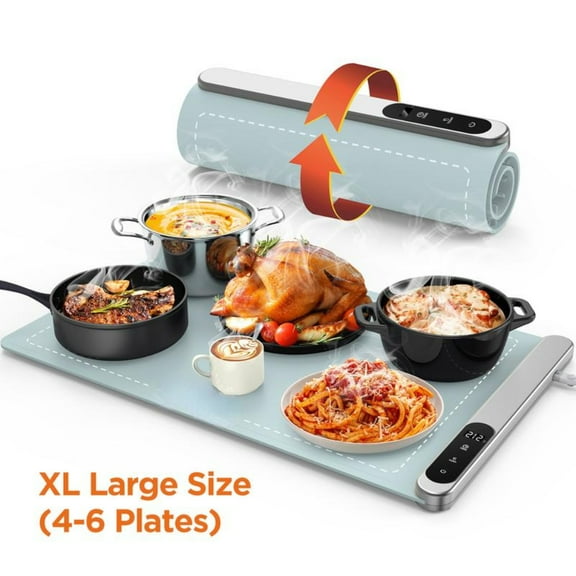 Electric Food Warming Mat with 6 Temperature Levels & 6-Hour Timer, Faster Full Surface Heating Mat, Roll Up Food Warmer