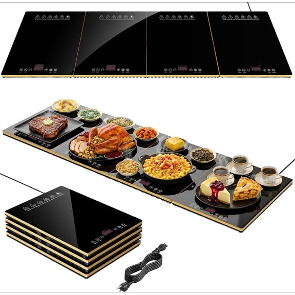 Electric Food Warming Tray for Parties & Buffets, 4-in-1 Modular Food Warmer with 4-Zone Independent Temp Control, 47" 16" Glass Warming Mat for Holiday Gatherings, Catering & Family Dinners