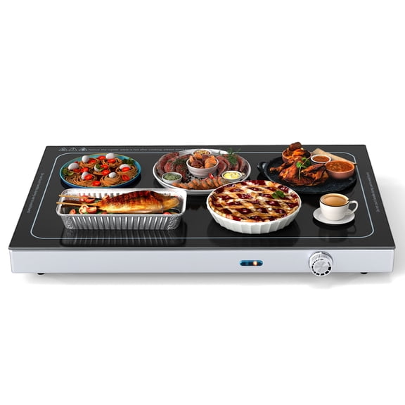 Electric Food Warming Tray with Adjustable Temperature, Tempered Glass Surface and Built In Handles