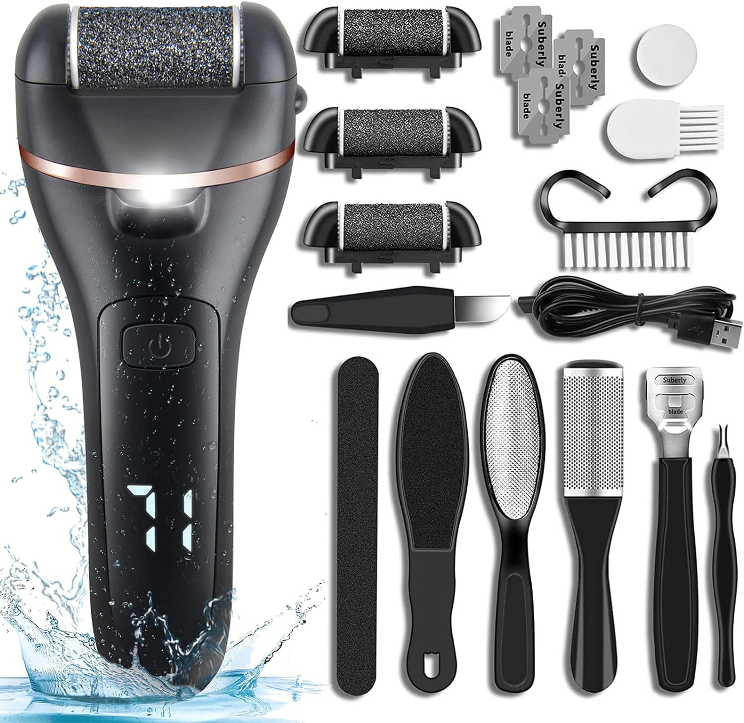 Electric Foot Callus Remover 14 in 1 Rechargeable Foot File Pedicure Kit Foot Care Tool with 3 Rollers LED Battery Display, Foot Cleaner Set for Cracked Heel Calluses