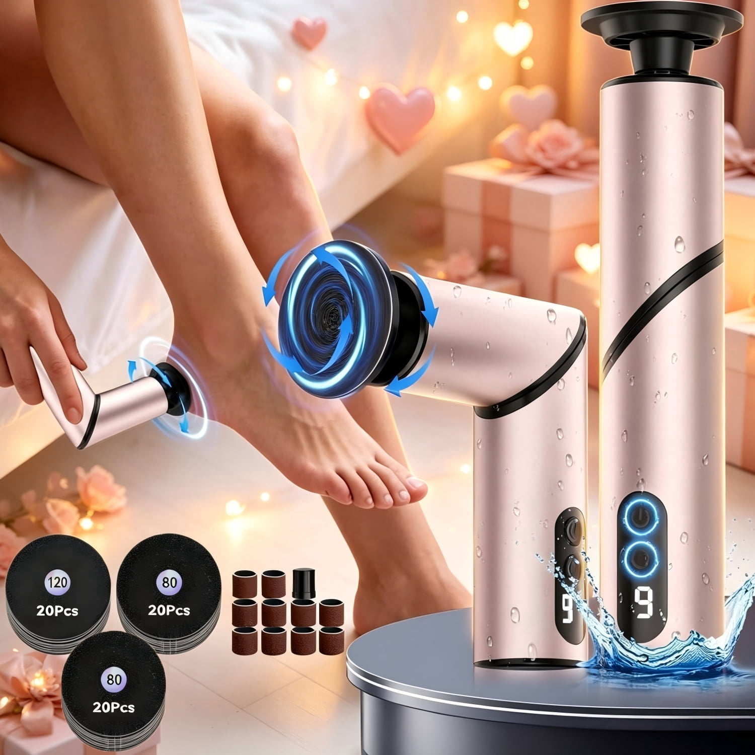 Electric Foot Callus Remover, 5-in-1 Rechargeable Pedicure Kit, 9-Speed Adjustable Cordless Foot File with 10 Heads & 60 Grit Pads, Portable Foldable Design for Heels & Dead Skin, Home & Travel