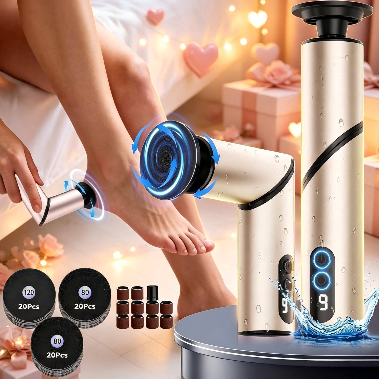 Electric Foot Callus Remover, 5-in-1 Rechargeable Pedicure Kit, 9-Speed Adjustable Cordless Foot File with 10 Heads & 60 Grit Pads, Portable Foldable Design for Heels & Dead Skin, Home & Travel