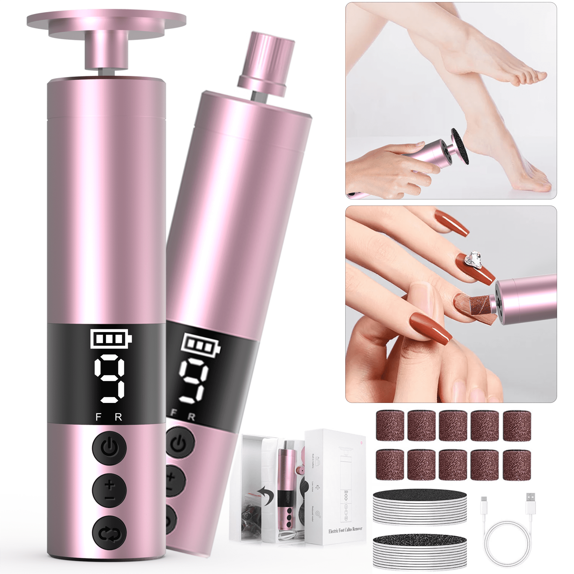 JUUTREN Callus Remover for Feet - Electric Foot File&Nail Grinder 2in1, Rechargeable Dermave Electric Foot Callus Remover with 30 Sandpaper Discs, Cordless Pedicure Tool for Dead Skin Removal, 9Speed