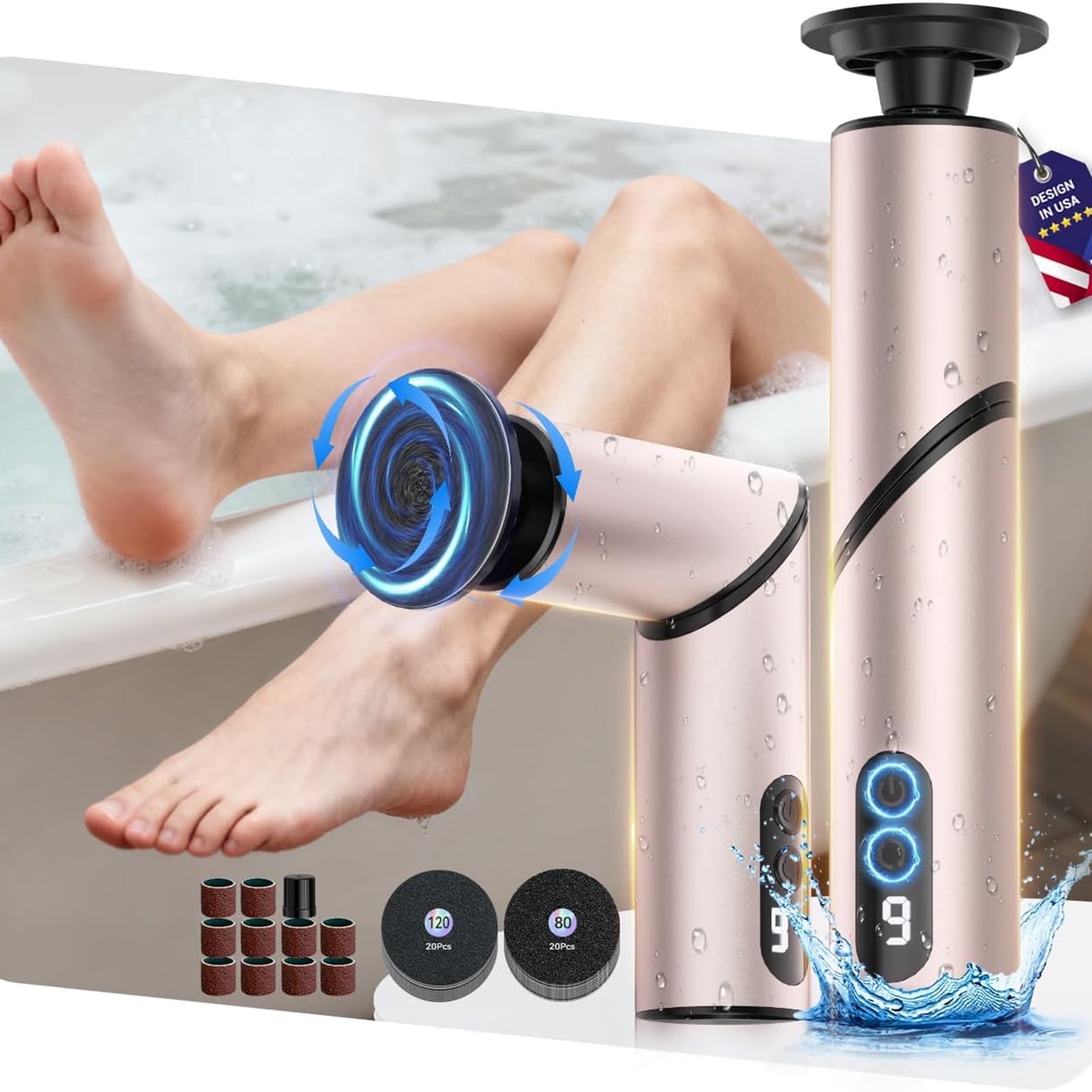 Electric Foot Callus Remover, Foldable Rechargeable Foot File with 9 Speeds, 2-in-1 Grinding Heads for Callus & Dead Skin Removal, 1800mAh Battery, 30 Pads Included