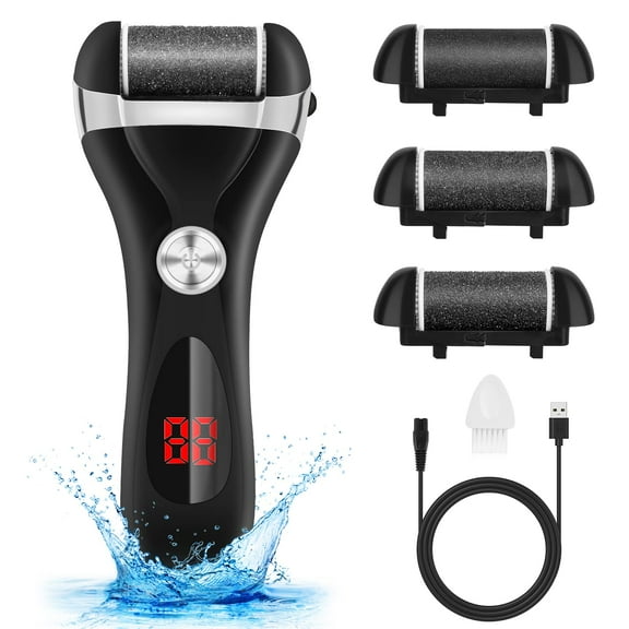 Electric Foot Callus Remover Kit, Elmchee Rechargeable Pedicure Tools Foot Care Feet File with 3 Roller Heads,2 Speed,Battery Display for Remove Cracked Heels Calluses and Dead Skin(Black)