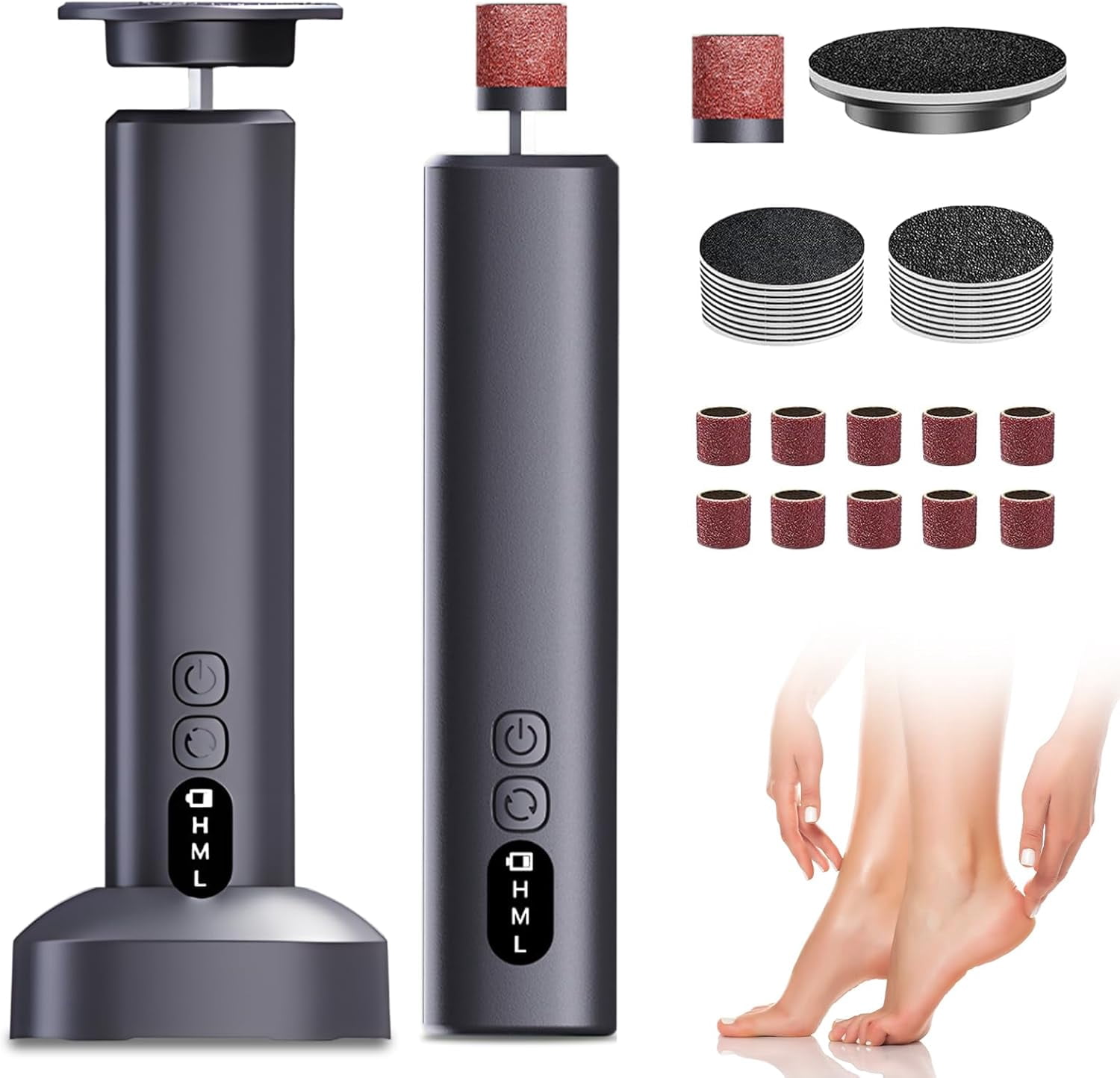 Electric Foot Callus Remover, Upgrade 2 in 1 Electric Foot File with Grinder Heads, Adjustable Foot Sander Pedicure Tools for Feet Dead Skin with Display and Base (Black)