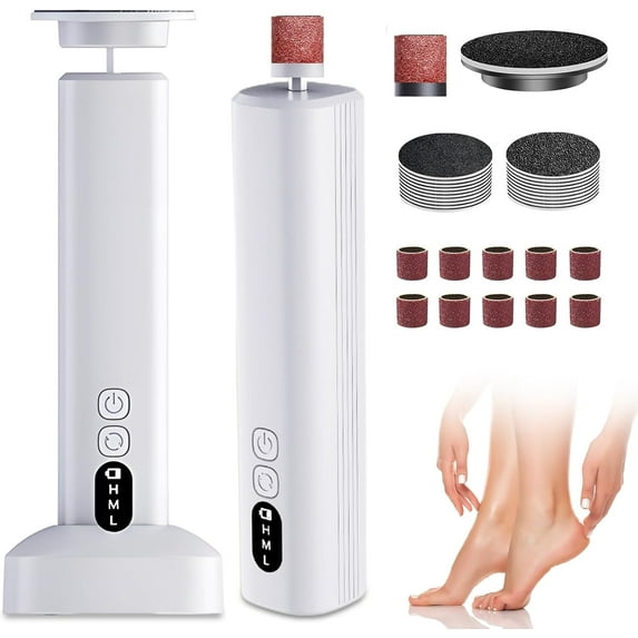 Electric Foot Callus Remover, Upgrade 2 in 1 Electric Foot File with Grinder Heads, Adjustable Foot Sander Pedicure Tools for Feet Dead Skin with Display and Base (White)