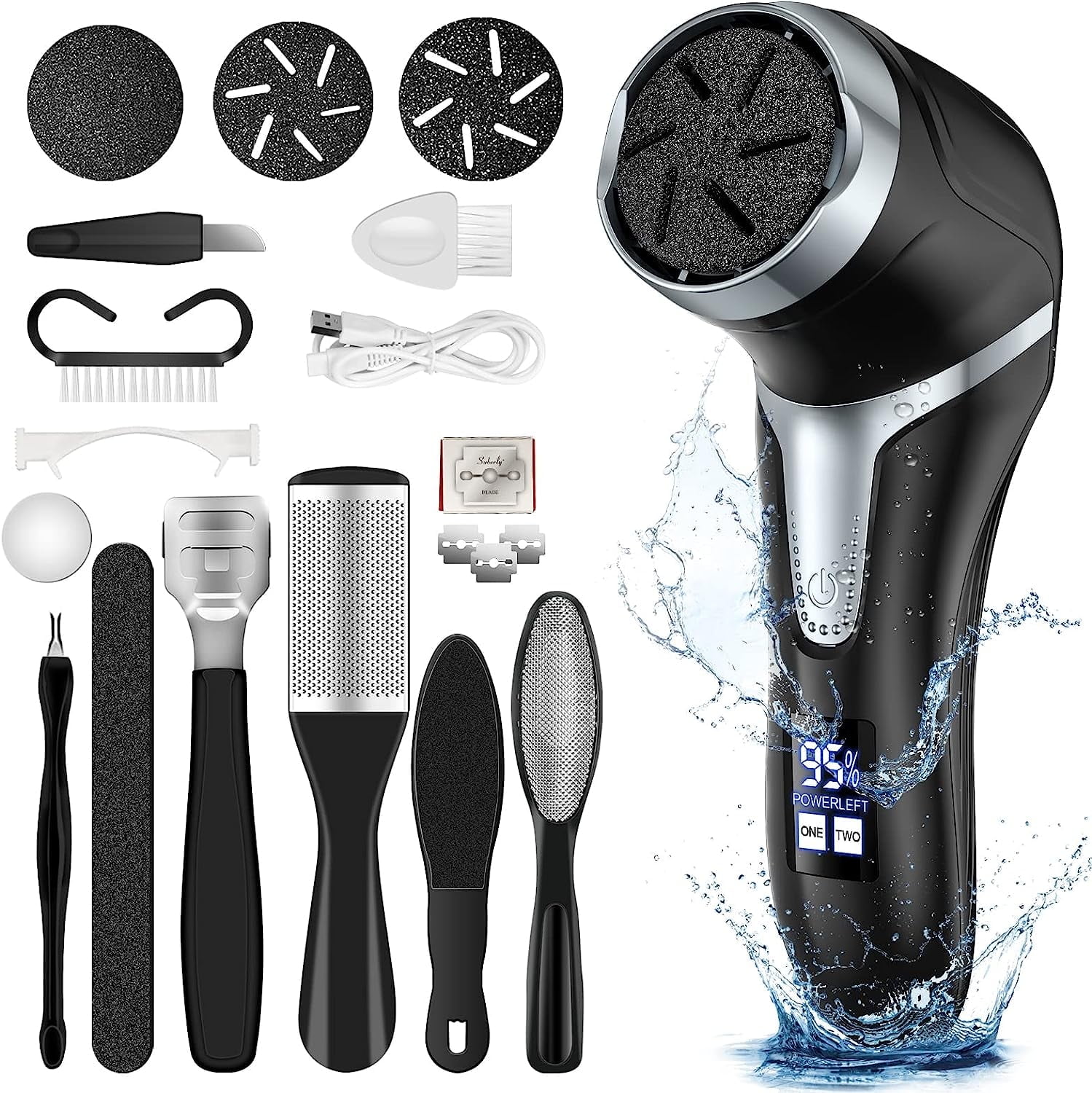Prociv Electric Foot Callus Remover with Vacuum Cleaner, Rechargeable Foot File Dead Skin Remover with 2 Speed, 3 Grinding Head, LCD Display, Professional Kit for Foot Care Black
