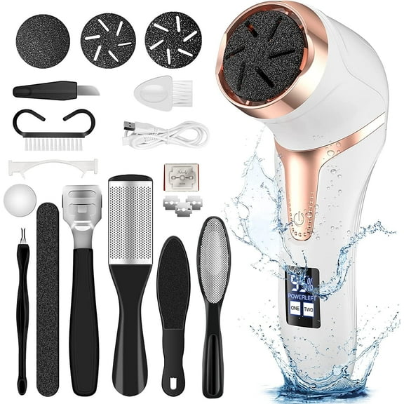 Prociv Electric Foot Callus Remover with Vacuum Cleaner, Rechargeable Foot File Dead Skin Remover with 2 Speed, 3 Grinding Head, LCD Display, Professional Kit for Foot Care White