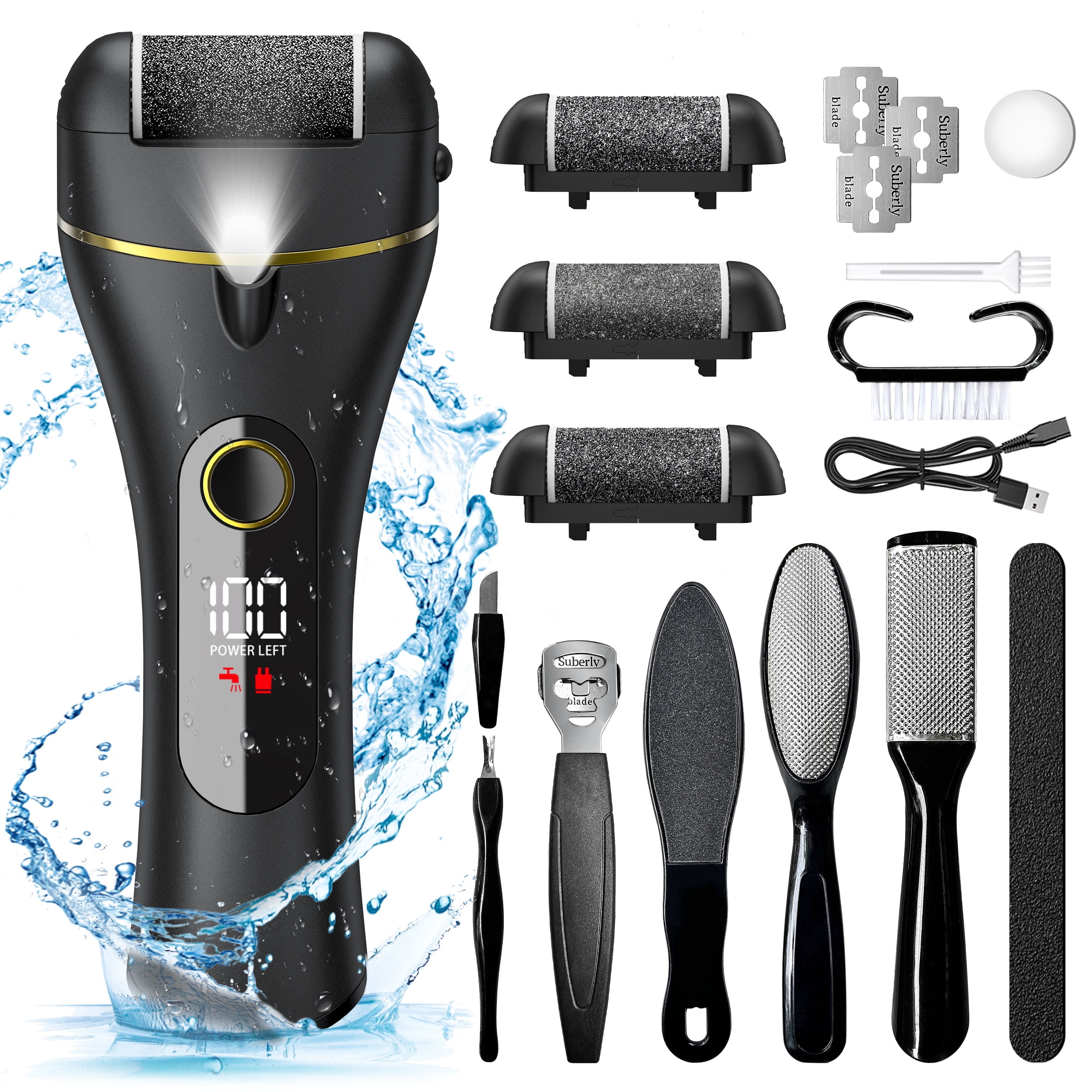 Yoovee Electric Callus Remover for Feet, Portable Foot File Pedicure Tools, Waterproof 18 in 1 Kit for Cracked Heels, Calluses, Dead Skin, with 3 Roller Heads, 2 Speed, Perfect Hands Scrubber