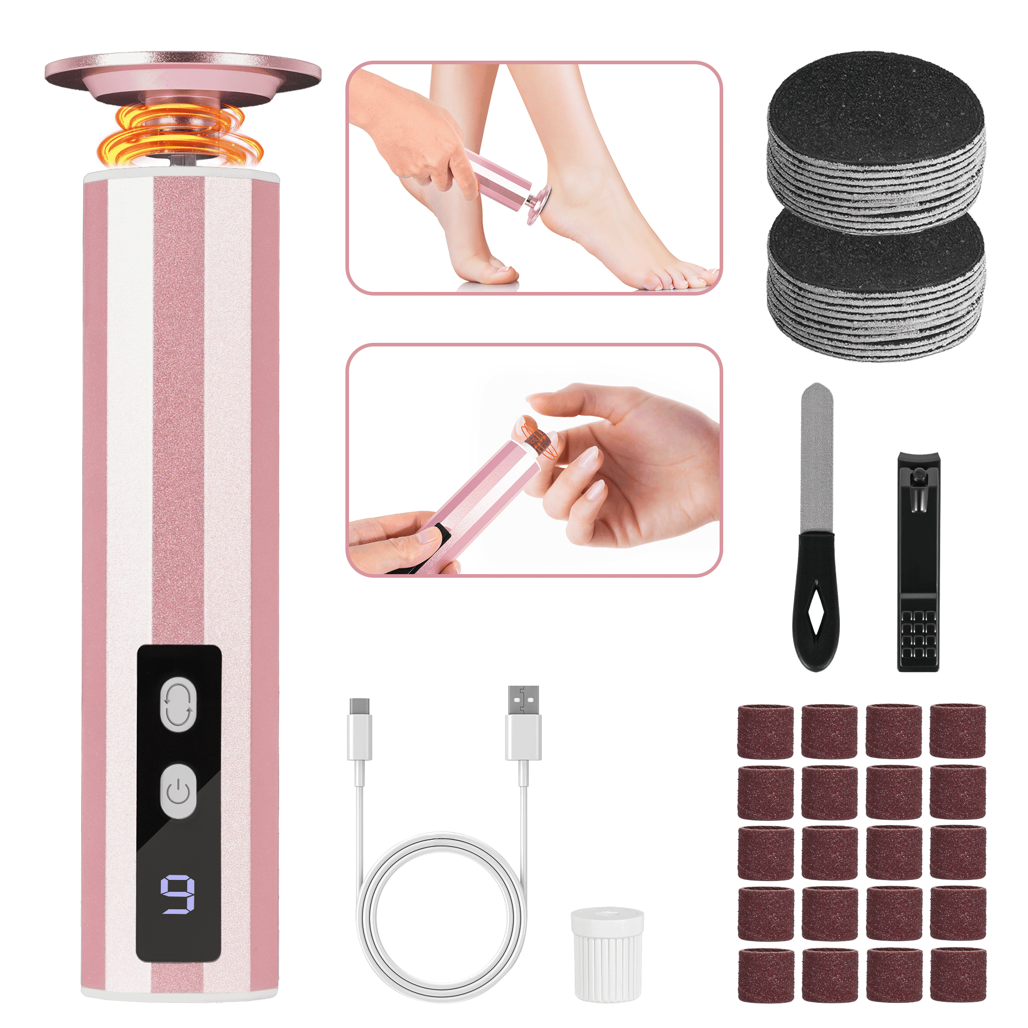 FETERVIC Electric Foot File - Callus Remover Nail Filer for Feet,9 Adjustable Speed Foot Scrubber Pedicure Tool for Dead Skin and Calluses Gift- Pink