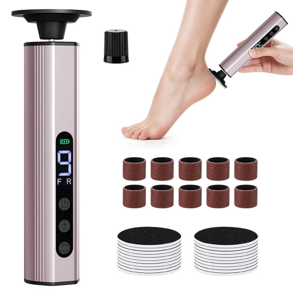 Electric Foot Grinder & Nail Polisher, Rechargeable Electric Foot File 9-Speed Dead Skin Remover with Forward/Reverse Rotation, Rechargeable Foot Care Kit for Cracked Heels & Smooth Feet, Rose Gold