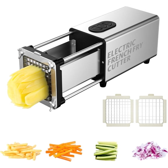 Electric French Fry Cutter, 1/2 & 3/8 Inch Interchangeable Stainless Steel Blades Automatic Potato Cutter, Commercial & Household Potato Slicer, Use for Potatoes Onion Cucumbers