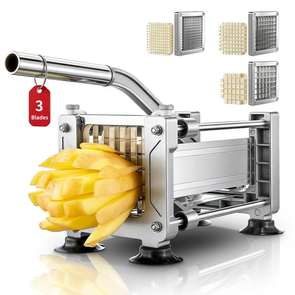 FOHERE French Fry Cutter for Potatoes, Stainless Steel Potato Cutter with 1/2 inch, 3/8 inch and 1/4 inch Blades, Perfect for Carrot, Yam, Cucumbers