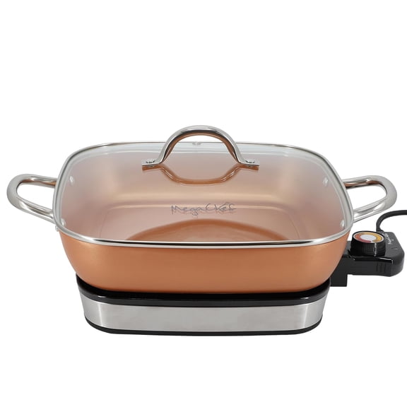 Electric Fry Pan with Copper Non-Stick Coating, Tempered Glass Lid & Adjustable Temperature Control, Versatile Small Kitchen Appliance (11. Inch Fry Pan)