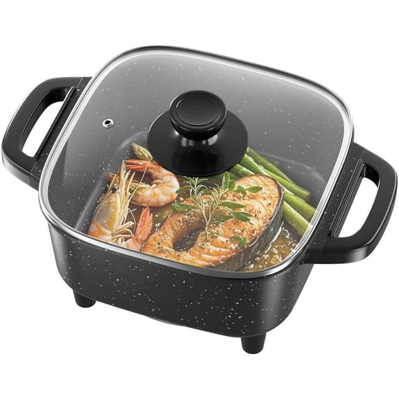 Electric Frying Pan with Lid, Multifunctional Electric Skillet for Frying, Grilling, Boiling & Cooking, Nonstick, Compact, Easy-to-Clean, Adjustable Temp Control Black