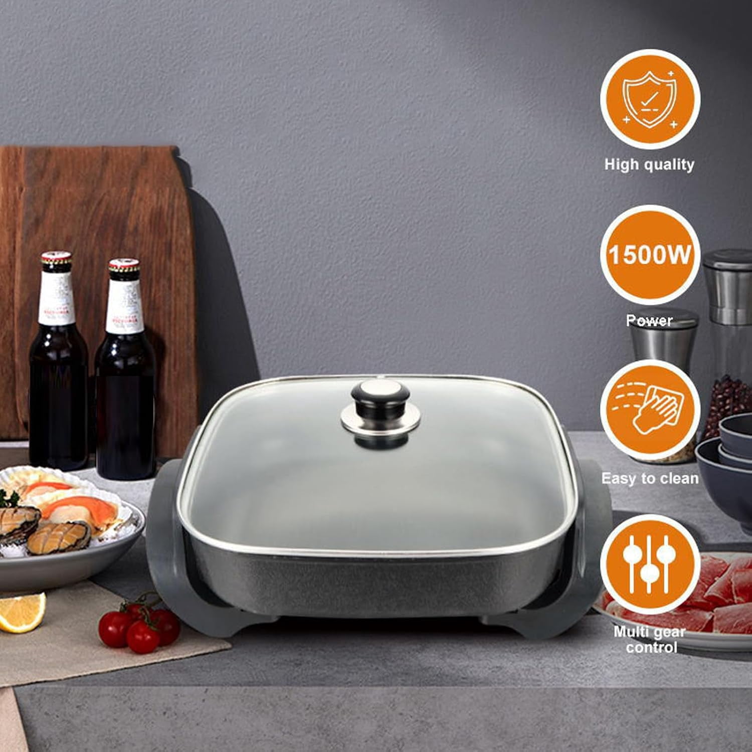 Electric Frying Pan with Transparent Lid, Stainless Steel Non-Stick ...