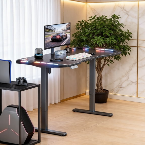 Electric Gaming Standing Desk with LED Lights, 47 Inch Height Adjustable Gaming Table with Headphone Hook, Carbon Fiber Surface Sit Stand Gamer Desk, Computer Workstation for Home, Black