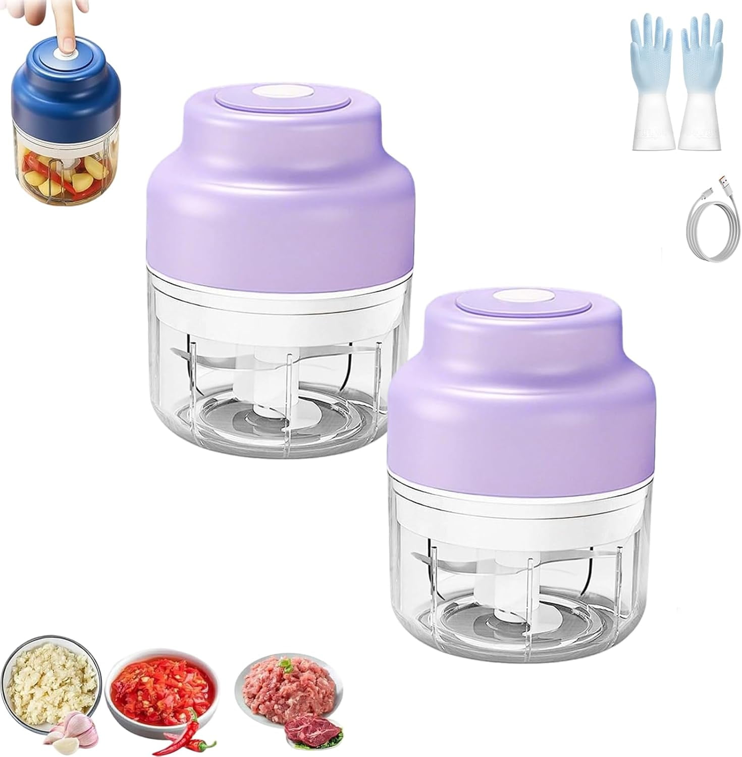Electric Garlic Chopper, 2026 Upgrade Electric Mini Garlic Chopper Set, with 4/6 Stainless Steel Blades, Cordless One-Touch Operation, for Onion, Chili, Ginger, Nuts (2PCS-AA)