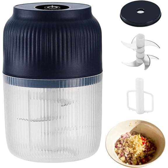 Electric Garlic Chopper, 300ML Portable Veggie Chopper with 6 Sharp Blades, Cordless Food Processor Garlic Grinder Masher with Egg Whisk Attachment for Onion Ginger Chili Fruit Meat (Blue)