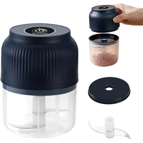 Electric Garlic Chopper, 320ml Mini Food Processor with Stainless Steel Blades, One-Touch Operation Vegetable Chopper for Garlic, Onion, Herbs, Nuts (Blue - 6-Blade & Whisk)