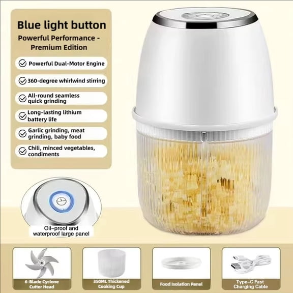 Electric Garlic Chopper 350ml, Powerful Portable Mini Food Processor, 1 Head 6 Blades, 1200mAh USB Rechargeable One-Touch Mincer for Garlic, Onion & Herbs, Auto Shut-Off, Noise-Reducing Base