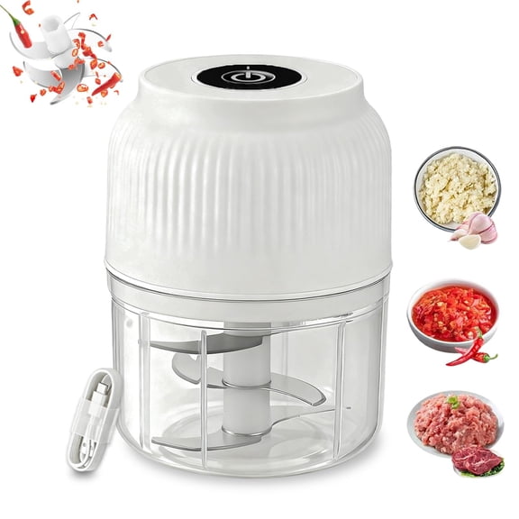 Electric Garlic Chopper With Cordless One-Touch Control, 300ml Mini Portable Food Chopper For Garlic Ginger Onion Chili, USB Rechargeable Stainless Steel Blades, White