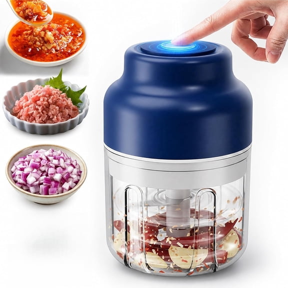 Electric Garlic Chopper Mini - 320 ml Cordless Chopper with 6 Stainless Steel Blades, Rechargeable for Onion, Chili, Ginger, Nuts, Blue