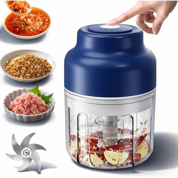 Electric Garlic Chopper Mini, 320 ml Cordless Food Processor with 6 Stainless Steel Blades, USB-Rechargeable for Onion, Ginger, Nuts
