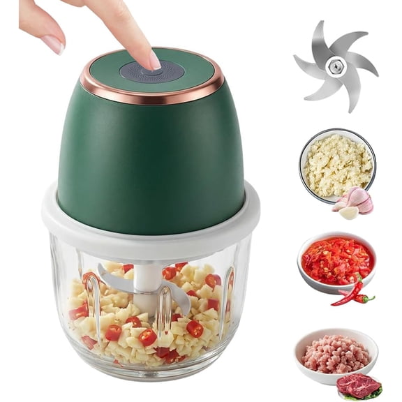 Electric Garlic Chopper, Mini Cordless Food Processor, 6 Stainless Blades, 350ml Glass Bowl