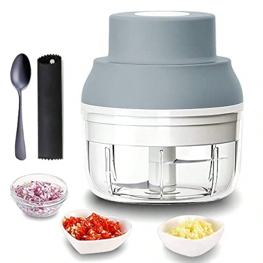 Electric Garlic Chopper Mini Electric Garlic Masher Crusher Food Processor Small with Garlic Peeler And Spoon 100ML Gray