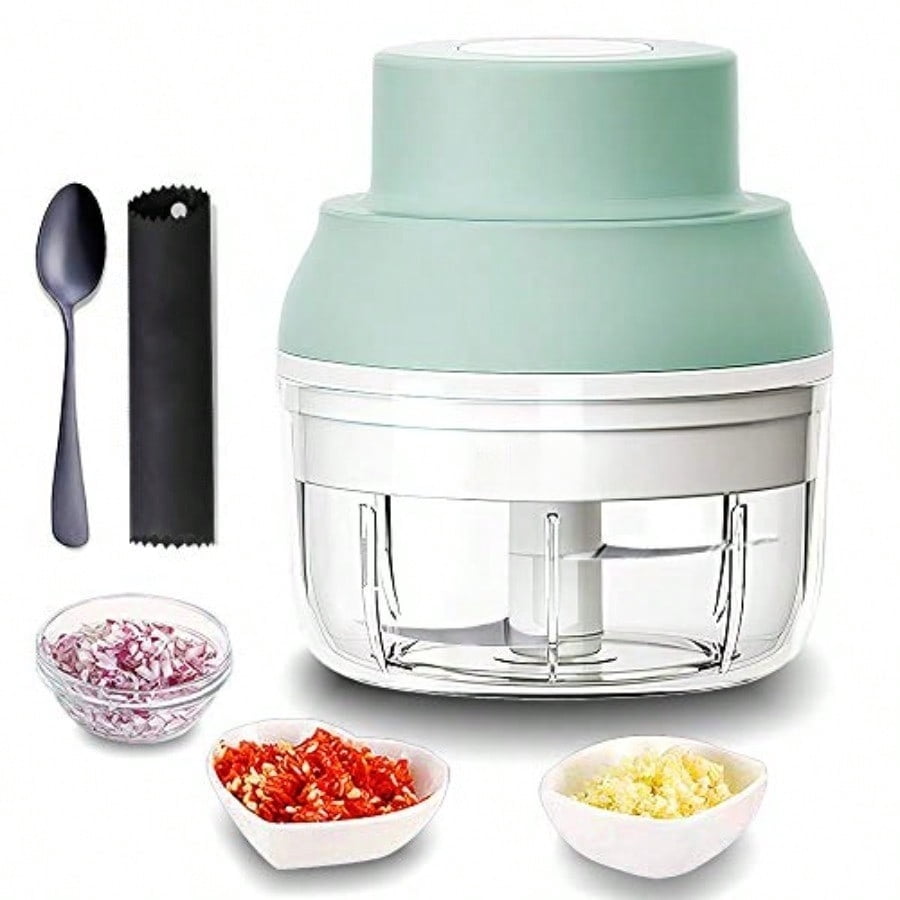 Electric Garlic Chopper Mini Garlic Masher Crusher Food Processor Small with Garlic Peeler And Spoon 100ML/3.3FL OZ Green 3.1 * 3.1 * 3.9 IN