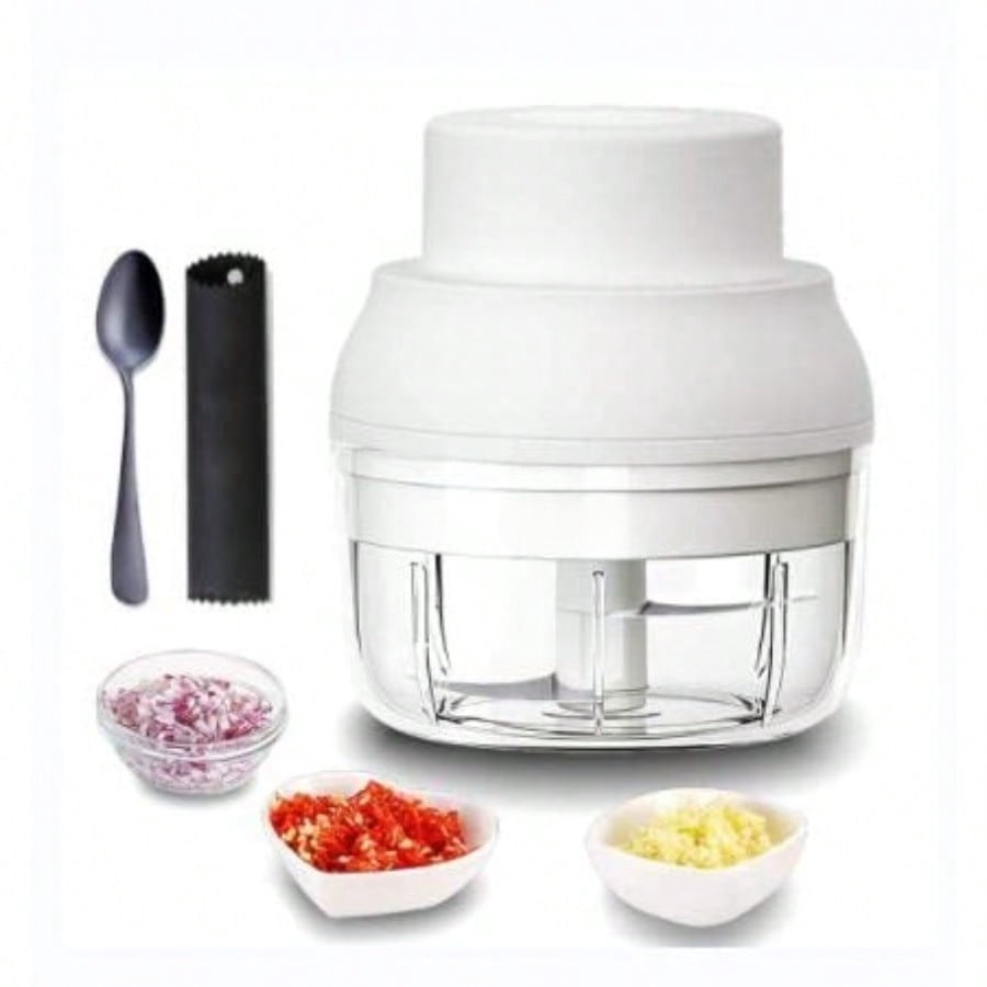 Electric Garlic Chopper Mini Garlic Masher Crusher Mincer Mini Food Processor Small with Garlic Peeler And Spoon 100ML/3.3FL OZ White
