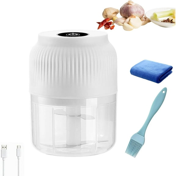 Electric Garlic Chopper,Mini Portable Veggie Chopper, Multifunctional Small Rechargeable Blender with 4 Sharp Blade, Electric Mini Garlic Chopper, For Mashing Onion, Ginger (White)